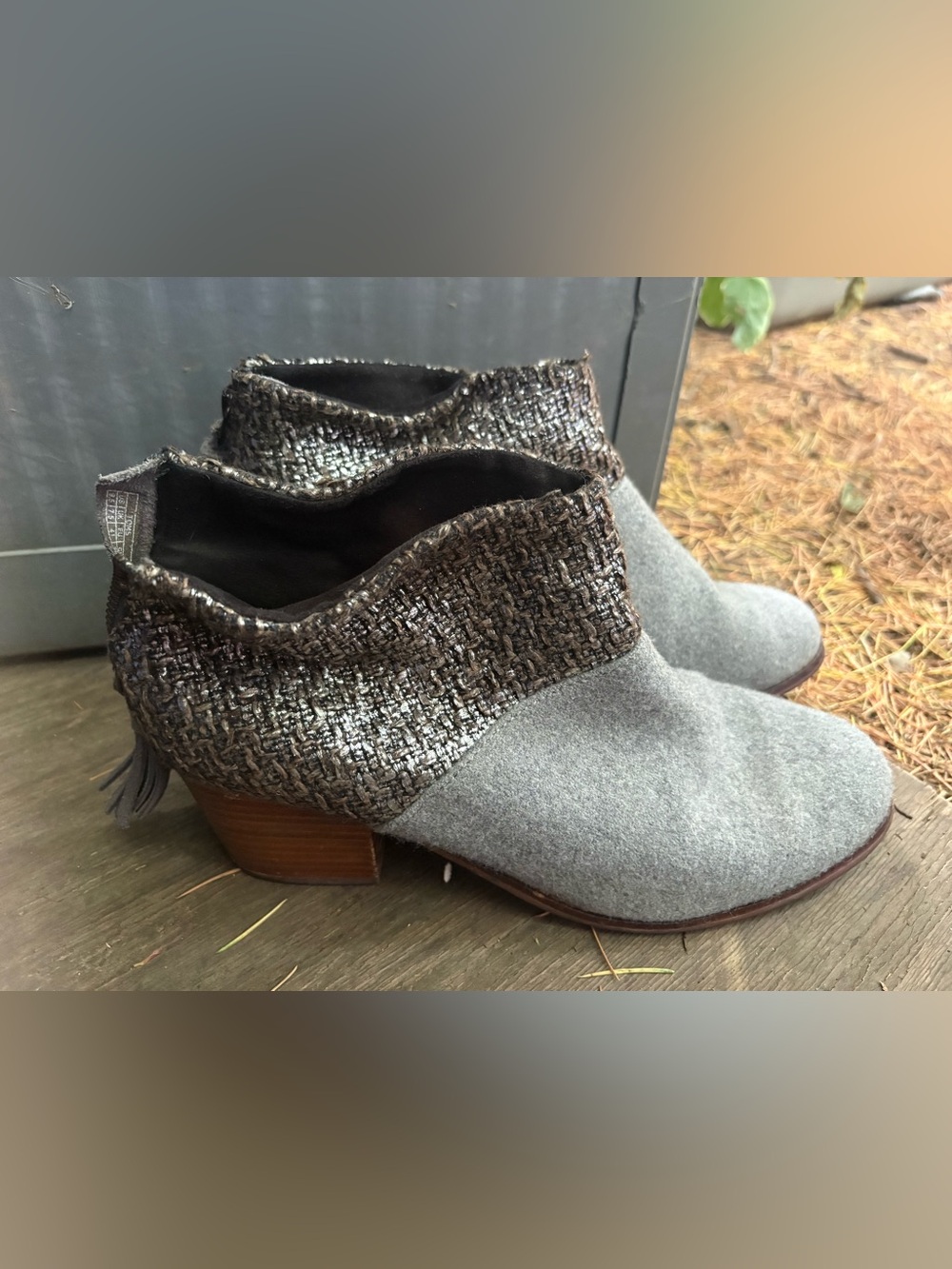 Toms Grey Tweed-Cuff Ankle Booties
